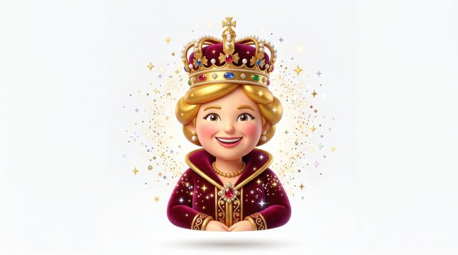 Royal queen character in 3D cartoon style, smiling monarch wearing golden crown and velvet robe, majestic female royalty with sparkling glitter isolated on White Background