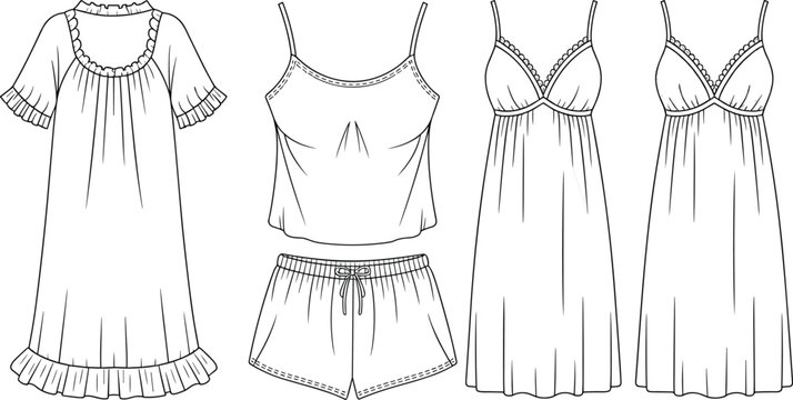 Fashion technical sketch set of women nightwear clothing including ruffled nightgown camisole top shorts and slip dresses