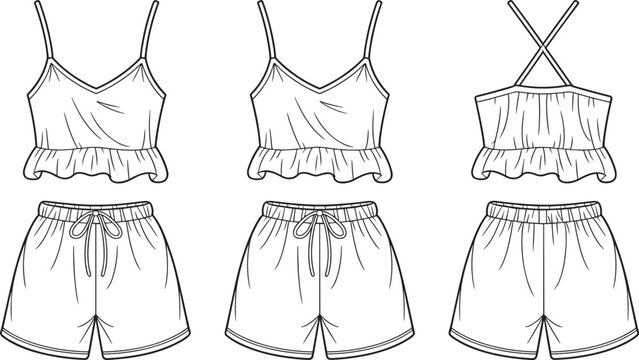 Fashion technical sketch set of women summer sleepwear including camisole crop tops and drawstring pajama shorts