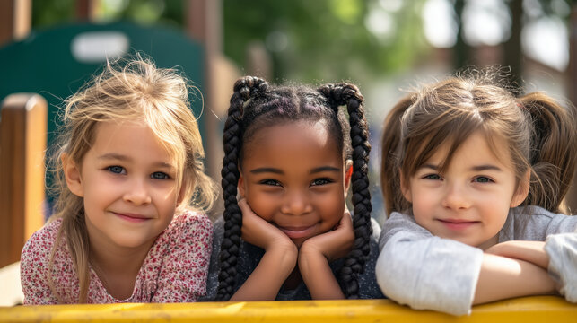 Happy diverse children sitting together on playground, three smiling girls enjoying friendship and summer fun, realistic kids lifestyle portrait, bright natural daylight, sharp fac