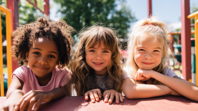Happy diverse children sitting together on playground, three smiling girls enjoying friendship and summer fun, realistic kids lifestyle portrait, bright natural daylight, sharp fac