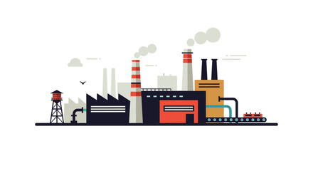 Obraz premium Colorful industrial factory illustration with smokestacks and machinery.