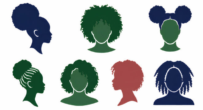 Minimalist vector silhouettes of diverse Black women with natural hairstyles, afro puffs, and braids