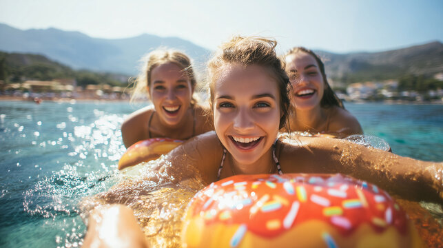 Young Friends Enjoying Inflatable Float in Blue Sea With Mountain Coast, Summer Travel Freedom, Happy Vacation Lifestyle, Water Fun, Friendship and Adventure Recreation young frien