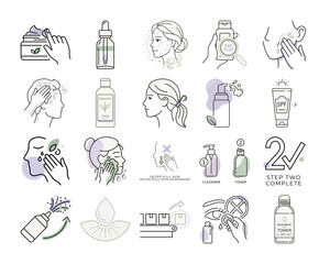 Obraz premium Minimalist face care routine icons set or Line art skincare steps icons tutorial
