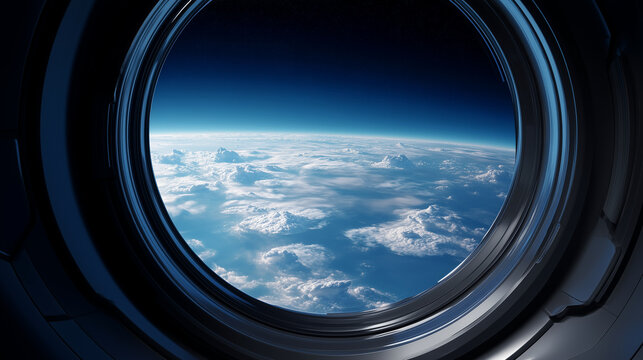 Planet Earth seen through round spaceship porthole in orbit, realistic astronaut window view with blue atmosphere, clouds and ocean horizon, space exploration, orbital travel, aero