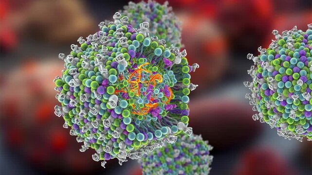 Lipid nanoparticle mRNA vaccine, a type of vaccine used against Covid-19 and influenza. 3D animation showing cross-section of a lipid nanoparticle carrying mRNA of the virus (orange).
