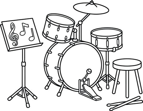 A elaborate coloring page for children showing a musical drum kit setup with a music stand and two drum sticks.