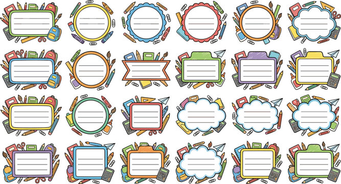 Back to school frames with colorful supplies and blank labels