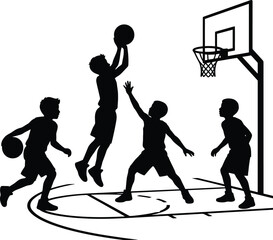 A group of young basketball players in a dynamic game silhouette on an outdoor court playing together. © Naimur Reign
