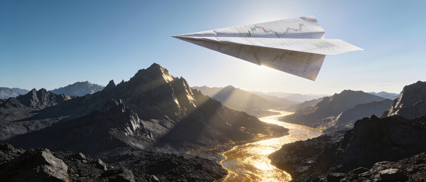 Paper Airplane with Stock Market Charts Flying Over Mountain Range
