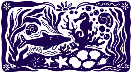 Fototapeta premium Blue and white underwater linocut graphic vector illustration featuring dolphin, seahorse, sea life, and summer marine nature elements