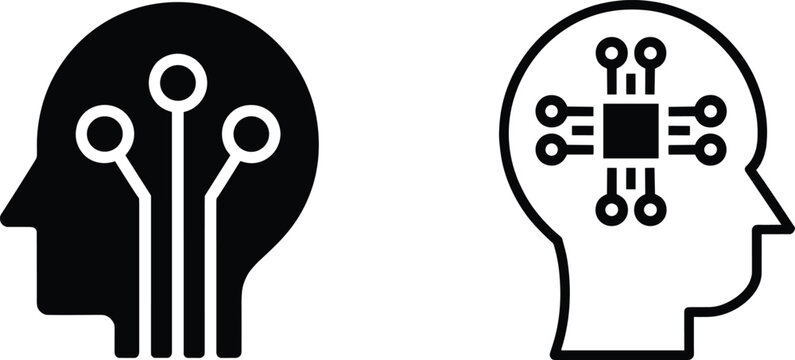 Artificial intelligence icons showing human head profiles with microchips and digital circuits for technology and machine learning concepts