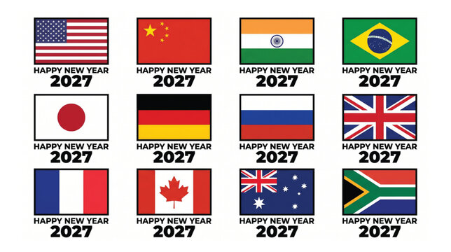 Set of various international world flags with happy new year 2027 text vector collection of national flags for global event and holiday celebration design national international