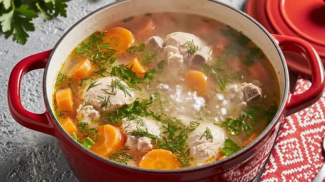Hearty vegetable soup with meatballs in red pot.