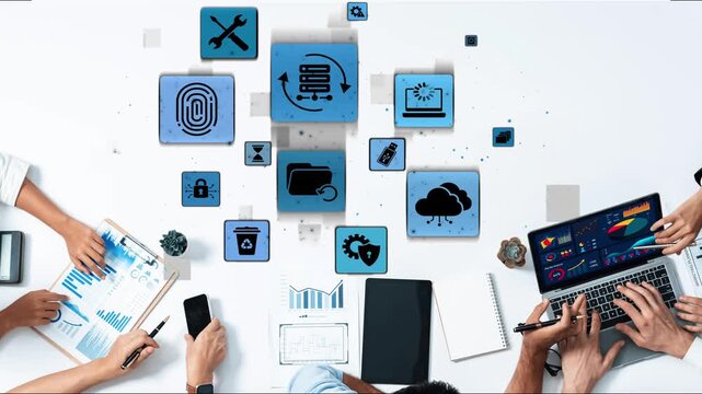 Data recovery icons show backup, data recovery process, and secure restoration. Data recovery ensures system reliability, data recovery protection, and information access. Funnel