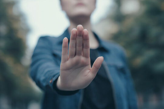 Close-up of a woman extending her hand in a stop gesture, symbolizing refusal, boundaries, protection and personal safety.
