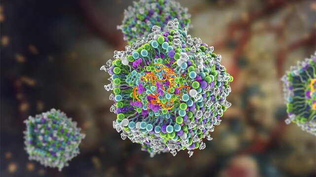 Lipid nanoparticle mRNA vaccine, a type of vaccine used against Covid-19 and influenza. 3D animation showing cross-section of a lipid nanoparticle carrying mRNA of the virus (orange).