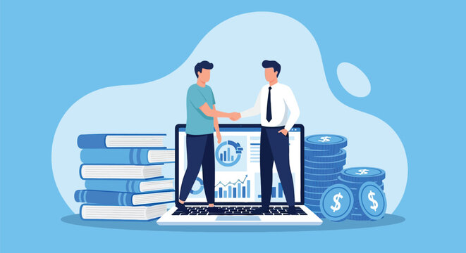 Businessmen shaking hands above laptop with financial charts and graphs, stack of books, and dollar coins symbolizing successful business partnership and financial growth on blue background.