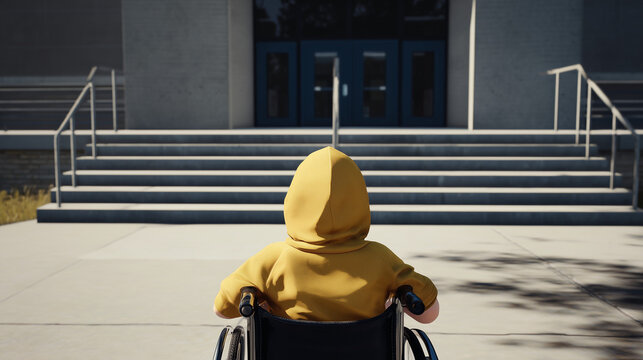 Emotional conceptual image of a child in a wheelchair approaching a school building, representing accessibility, inclusion, education, and equal opportunity.