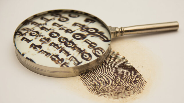 Conceptual image of a magnifying glass analyzing a fingerprint with binary code, representing cybersecurity, digital identity, forensic science, and data protection.