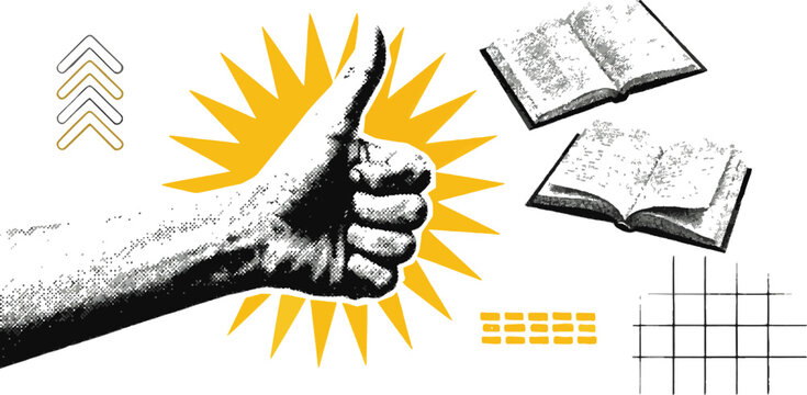 hand giving thumbs up with sun and books around  sign of approval and learning