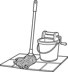 A uncomplicated black and white line illustration sketch of a expert mop and a bucket on tiled floor. © Munna_SH