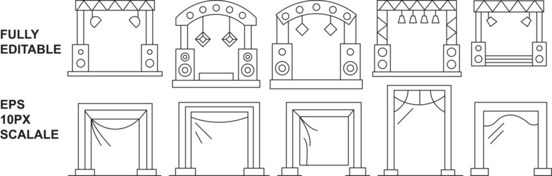 Event production stage layout and celebratory wedding altar line icon collection. Minimalist live music performance symbol pack, creative background scene structure with studio spotlights for exhibiti
