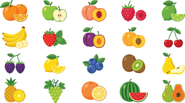 Fresh organic fruits and berries vector flat icon set with orange apple banana strawberry cherry kiwi watermelon papaya isolated on white background