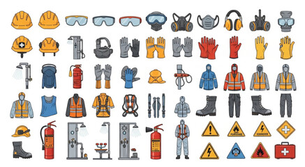 Fototapeta premium Workers in various uniforms and safety gear with tools and signs