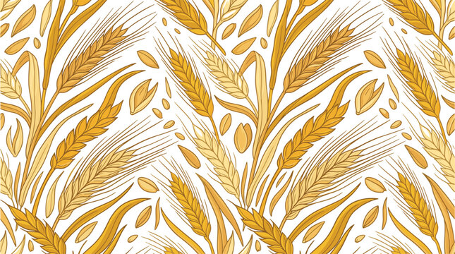 Golden Wheat Seamless Pattern Vector Background with Ripe Cereal Ears, Grains, and Leaves for Organic Bakery Food Package Designs