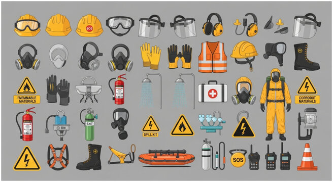 Construction site safety equipment and warning signs on display