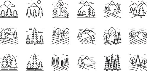Fototapeta premium Set of nature landscape icons featuring mountains forests and trees in a minimalist black line art style