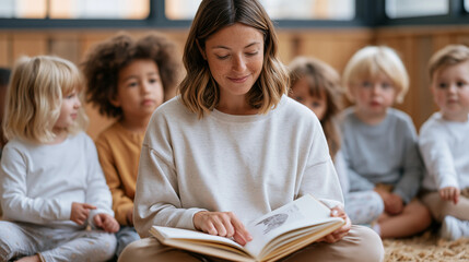 Fototapeta premium Preschool educator reads a dual-language storybook to a mixed group of young children seated on a classroom rug, some pointing to pictures with curiosity, the inclusive