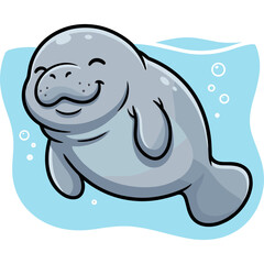 Naklejka premium A smiling manatee swims happily in the water with bubbles around it
