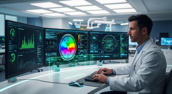 Neuroscientist analyzing brain scan data on multiple monitors in modern lab