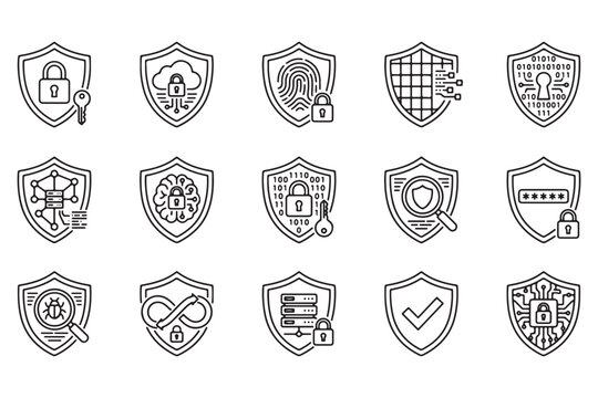 Set of thin line web security shield icons for digital data protection and privacy concepts