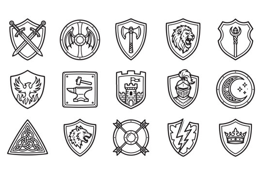 Set of vintage knightly shields and medieval heraldic coatofarms icons