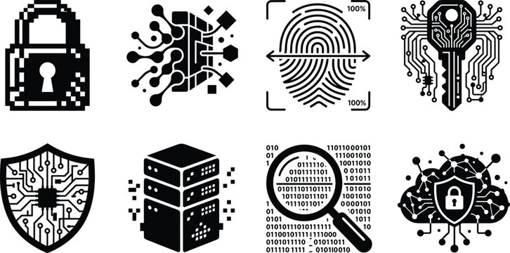 Collection of cybersecurity icons including padlock, fingerprint authentication, encryption key, shield, servers, binary code, and secure cloud