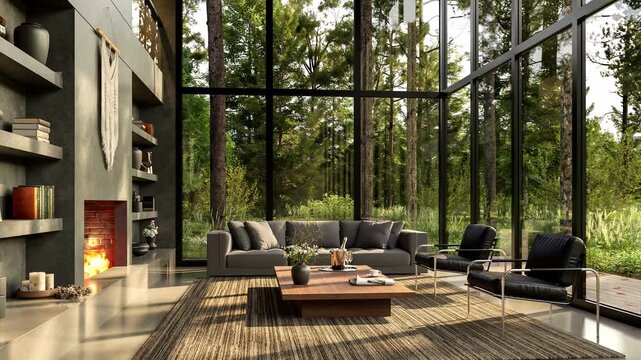 Animation of modern loft style living room with double-height ceiling and large windows overlooking a green forest view. Luxury interior with a large sofa, High-end 3D render.