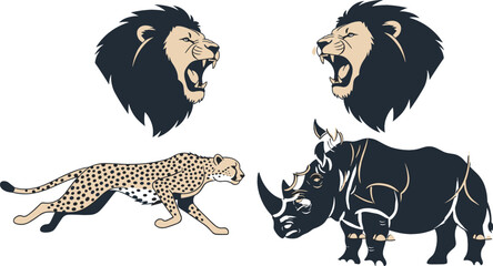 African Safari Wildlife Vector Set Featuring Roaring Lion Heads Running Spotted Cheetah and Horned Rhinoceros Silhouette Illustration for Conservation Logo Designs © MdMohsin