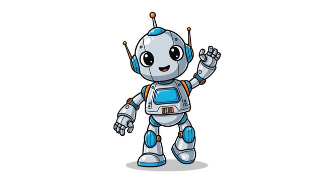 Friendly cartoon robot waving hello cheerfully.