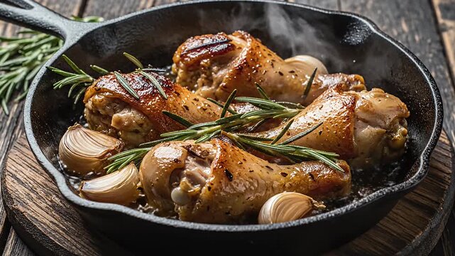Roasted chicken drumsticks with rosemary in iron skillet.