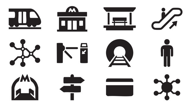 Transportation icons, travel symbols, navigation signs, logistics graphics, 12 black vector icons