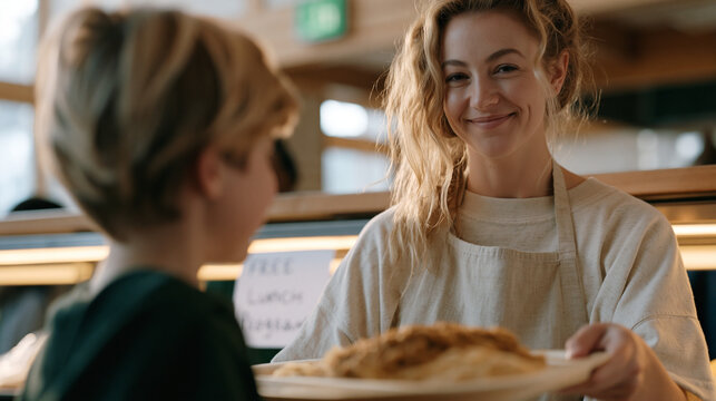Elementary cafeteria aide smiles while placing a warm entree on the tray of a child who whispers a shy thank you, a hand-lettered free lunch program sign visible behind the