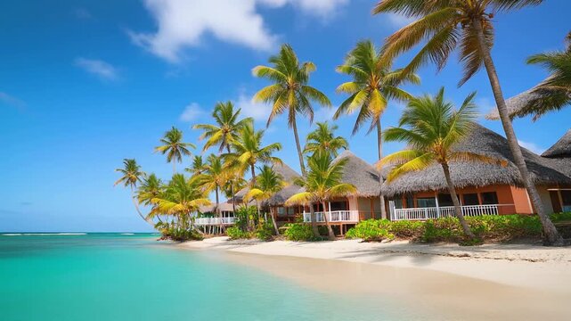 Idyllic tropical beach with turquoise water, palm trees, and thatched huts