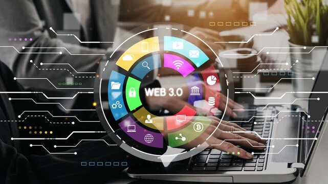 Digital Innovation and Technology Concepts for Web 3.0 Development with Modern Laptop and Colorful Icons Illustrating Future Internet Trends. Entropy.