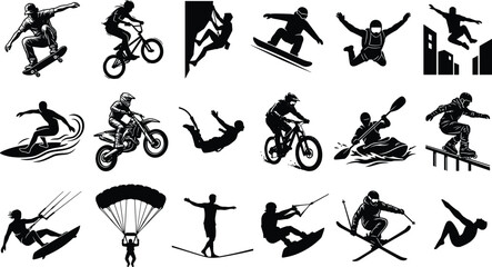 WebVector extreme sports silhouettes icons set featuring adrenaline activities like skateboarding surfing bmx snowboarding and skydiving © Abdullah