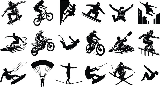 WebVector extreme sports silhouettes icons set featuring adrenaline activities like skateboarding surfing bmx snowboarding and skydiving