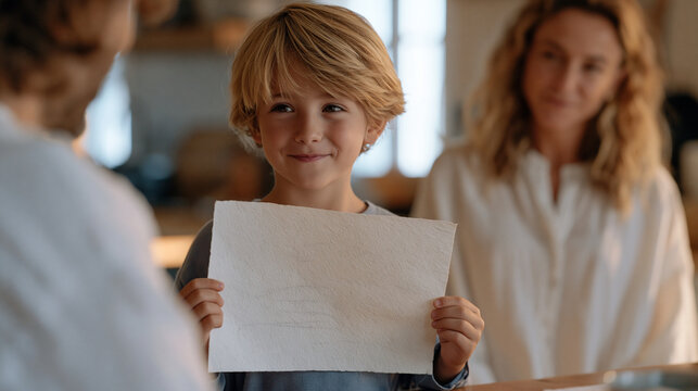 Child holding up a completed drawing to show a parent while speaking excitedly in two languages, childhood language learning celebration, cozy kitchen morning, fall season light